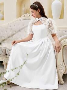 SHEIN Teen Girls' White Contrast Mesh Waist Ruched Elegant Short Sleeve Dress,Kids - White - View 6