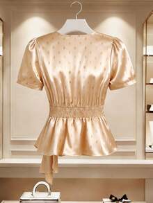 GlowEve CURVE Damen Große Größen Neue Khaki Gold Perle Dekor Knopf Lässig Elegant V-Ausschnitt Gerafftes Oberteil, geeignet für Urlaub und Dates, Frühling/Sommer - Khaki - Übersicht 2