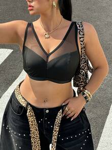 Muchica Plus Size Women Spring/Summer Mesh Patchwork Cropped Casual Versatile Daily Wear Top - Black - View 3