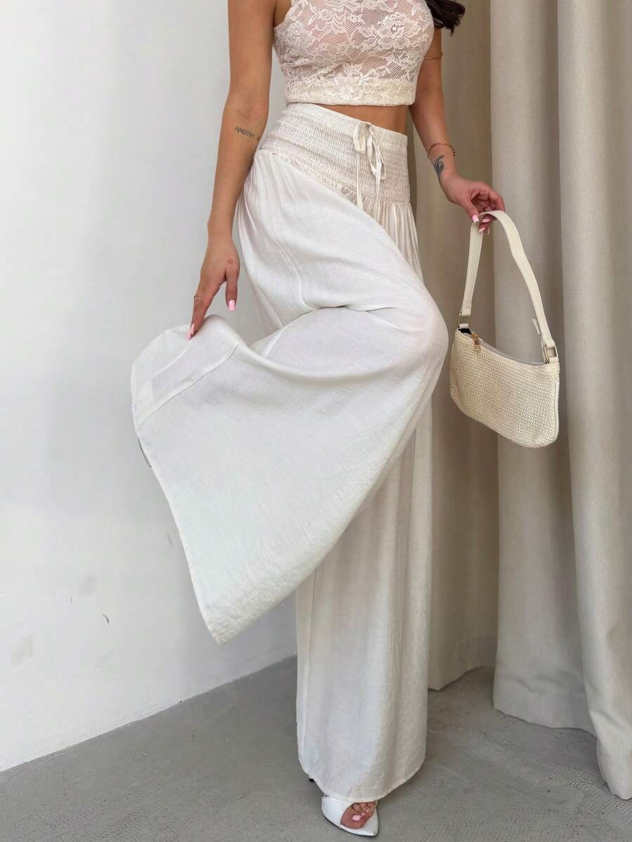 Firerie 女士优雅宽松阔腿裤，高腰白色长裤，休闲度假、海滩、日常通勤、教师装 - 白色 - 查看 1