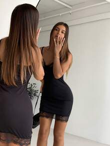 Aloruh Đầm ngắn ôm sát gợi cảm phối ren dành cho nữ, chất liệu gân sọc. - màu đen - Xem 6