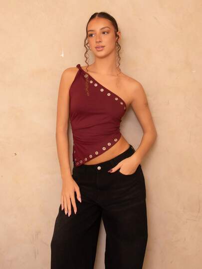 juhmazzocco 新款酒红色铆钉镂空单肩上衣无袖裹身上衣Y2K颓废风金属上衣秋季女装