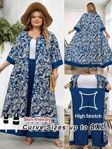 SHEIN CURVE+ Kích cỡ US22, phù hợp cho lễ hội âm nhạc, kỳ nghỉ bên bờ biển, phong cách Bohemia. Bộ hai mảnh gồm áo khoác dài và quần có túi dành cho nữ, thích hợp cho kỳ nghỉ. - Xanh và trắng - Xem 8