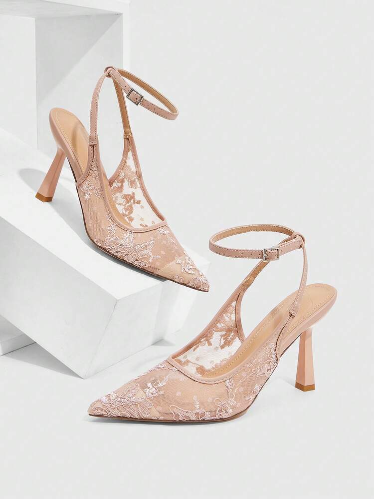 CUCCOO SZL Women Shoes Spring And Summer New Pointed Stiletto Light Pink Lace Mesh Fashion Sexy Wedding Banquet Ankle Strap Women's High Heels Shoes Women's Shoes Spring Shoes