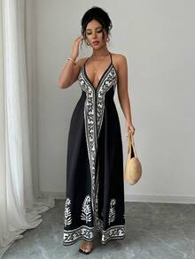 Selianne Váy cổ chữ V sâu in hoa dành cho nữ - màu đen - Xem 6