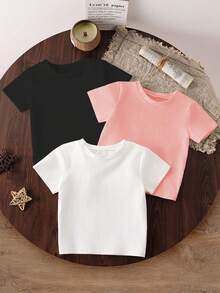 SHEIN 3pcs/Set Girls' All-Match Round Neck Short Sleeve T-Shirts, White, Black, Pink, Casual Cute Minimalist, Suitable For Outdoor Sports, Daily Wear, Suitable For Autumn, Summer, Suitable For Girls, Home, Daily Wear, Winter, Spring, Summer, All-Match Versatile - Pink - View 2
