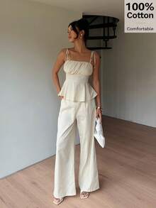 Siren Gaze Womens 100% Cotton Ruched Peplum Cami Top And Wide Leg Pants Set , Casual Summer Outfit Suitable For Daily Wear And Vacation, Linen, Cream Two Piece Set, Linen Two Piece Set, Pants And Top Set, Holiday Outfits - Apricot - View 3