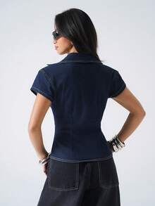 LYSMO 女士翻领系带短袖牛仔衬衫 - 深色水洗藍 - 查看 2