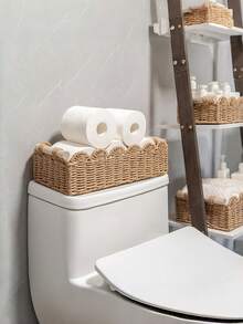 1 pièce Panier de rangement tressé avec poignées, organisateur fait main pour papier toilette, serviettes, cosmétiques, étagère, table, salon, décoration de maison multifonctionnelle - multicolore - Voir 4