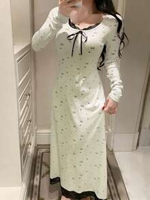 DAZY Bow Print Colorblock Lace Patchwork Waist Dress, Suitable For Summer And Spring, Women Nightgown - White - View 5
