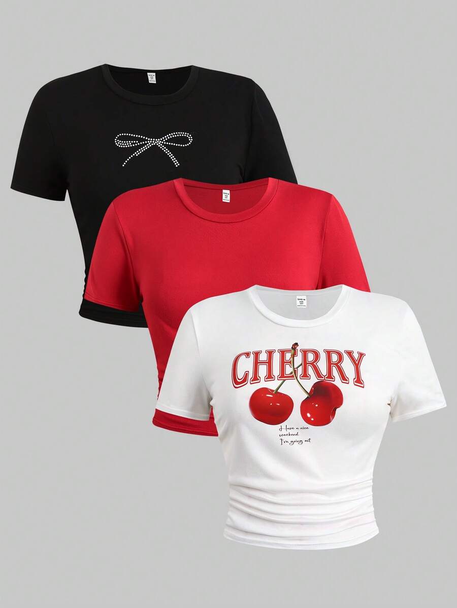SHEIN Girlism 3pcs/Set Teen Girls' Round Neck Short Sleeve Tight Cropped T-Shirts With Bow & Cherry Print, Suitable For Summer - Multicolor - View 1
