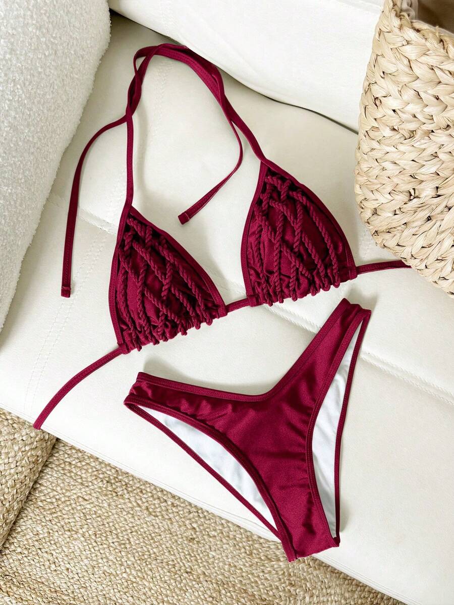 Swim Vcay 泳装度假两件套纯色亮面交叉绑带三角比基尼上衣和高衩泳裤性感泳衣套装，春夏巴西比基尼套装波西米亚风比基尼套装两件式比基尼性感比基尼套装高衩比基尼套装女士度假套装女士比基尼套装女士泳衣套装女士泳装两件套 - 酒紅色 - 查看 1