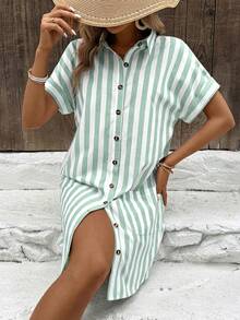 Easowa Cotton Striped Shirt Dress For Women Button Down Summer Casual With Pocket Short Sleeve - Green - View 3