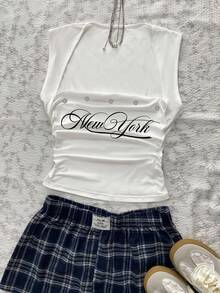 SHEIN EZwear 女士复古镂空装饰手写字母印花褶皱吊带背心，Y2K 黑白街头风夏季城市度假复古百搭背心 - 彩色 - 查看 5