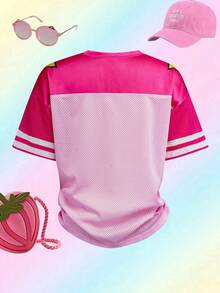 THE POWERPUFF GIRLS X SHEIN Tween Girls' Letter Print V-Neck Loose Short Sleeve T-Shirt, - Pink - View 3