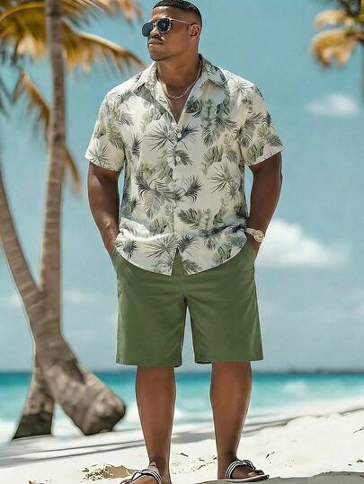 Manfinity Swimmode Plus Size Men's Tropical Plant Print Short Sleeve Shirt And Shorts Beach Outfit