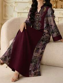 SHEIN Najma 紫色紮染碎花拼接刺繡V領開衩下擺長袖長洋裝，優雅阿拉伯風春夏度假穿搭 - 彩色 - 查看 3