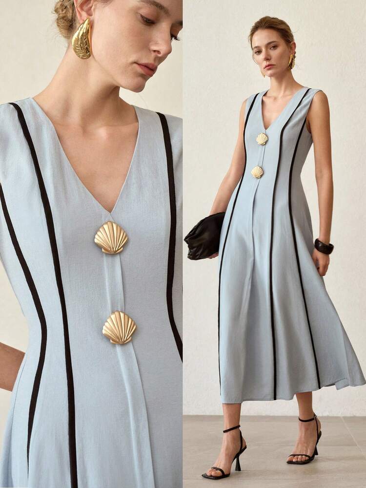 WOMEN'S BLUE CONTRAST COLOR SHELL DECOR WAIST SLEEVELESS DRESS, SUMMER