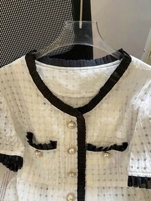 GlowEve Fashionable New Summer Elegant Short Sleeve Round Neck With Metal Button Decor, Ruffle Hem Contrast Color Splice Women Short Blouse - White - View 4