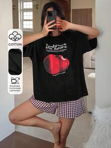 DAZY 2pcs Apple Graphic Loose Short Sleeve T-Shirt And Plaid Shorts Pajama Set For Women, Summer - Black - View 4