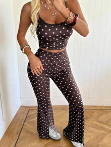 SHEIN EZwear Quần ống loe cạp cao chấm bi dành cho nữ, kiểu dáng thường ngày, đa năng, thích hợp đi làm. - Cà phê nâu - Xem 4