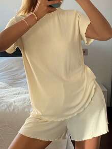Livesso 女士舒适纯色简约针织波浪下摆睡衣套装，夏季 - 白色 - 查看 8
