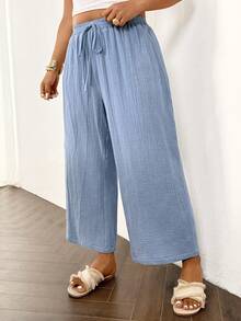 SHEIN Frenchy Quần lửng 3/4 dáng rộng, màu trơn, thắt eo, dành cho nữ, cỡ lớn. - Màu xanh lam - Xem 5