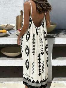 INAWLY 大码女装新款夏季碎花连衣裙，法式度假风宽松露背抽绳可调节佩斯利印花连衣裙，复古休闲宽松吊带长裙，性感露背沙滩度假连衣裙，适合狂欢派对、休闲聚会、休闲派对，杏色休闲连衣裙，适合日常出行 - 黑與白 - 查看 1