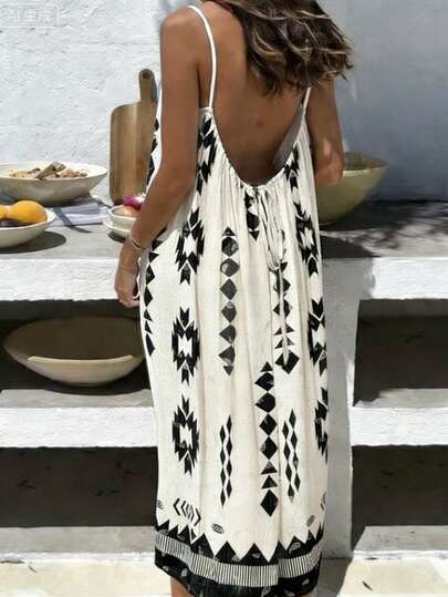 INAWLY Plus Size Women's New Summer Floral Print Dress, French Style Vacation Loose Backless Drawstring Adjustable Paisley Print Dress, Retro Casual Loose Strap Maxi Dress, Sexy Backless Beach Vacation Dress, Suitable For Carnival Party, Casual Gathering, Casual Party, Casual Apricot Dress Suitable For Daily Outings