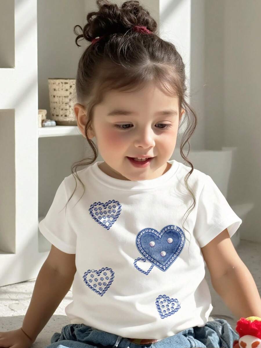 SHEIN Baby Girl White, Casual Fashion Faux Denim Rhinestone Heart Print, Casual Minimalist Short Sleeve Round Neck T-Shirt, Suitable For Spring & Summer Daily Wear, Spring & Summer For, Easy Comfort, Stylish S, Casual Wear, Fashion Heart Graphic Tee, New Style, Homecoming, Valentine Vibes, Spring & Summer - Multicolor - View 1