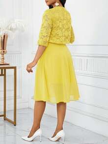 SHEIN Lady 女士优雅纯色蕾丝无袖上衣和连衣裙两件套，夏季生日及活动礼服/办公礼服/教堂礼服/婚纱/节日礼服 - 淡黃色 - 查看 2