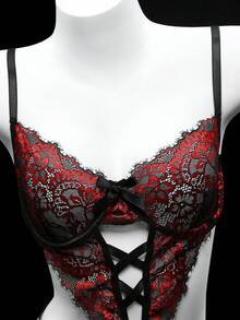 SHEIN 女式蕾丝交叉镂空钢圈紧身衣，坏蛋造型 - 紅色 - 查看 4