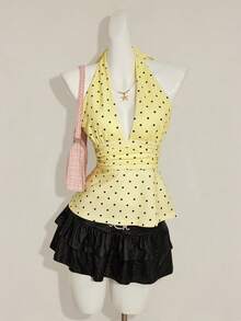 SHEIN ICON Áo nữ chấm bi xếp ly cổ yếm buộc dây, kiểu dáng thời trang, đa năng, thích hợp mặc thường ngày. - Màu vàng - Xem 5