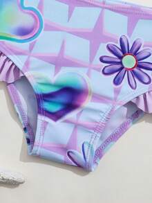SHEIN Playful Pals 女婴三件套针织爱心花朵装饰荷叶边沙滩套装，含可爱帽子，面料舒适，适合海滩度假 - 彩色 - 查看 3
