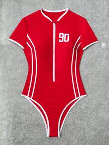 Swim SPRTY Áo chống nắng tay ngắn có khóa kéo, phối màu sọc và số dành cho nữ. - Đỏ - Xem 4
