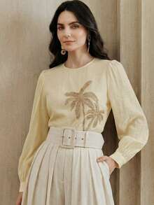 Anewsta Beige,Autumn,Elegant,Vacation,Holiday Women Blouse Coconut Tree Pattern Pearl Embroidered Chiffon Boho Modest Tops Lantern Sleeve Resort - Light Yellow - View 7