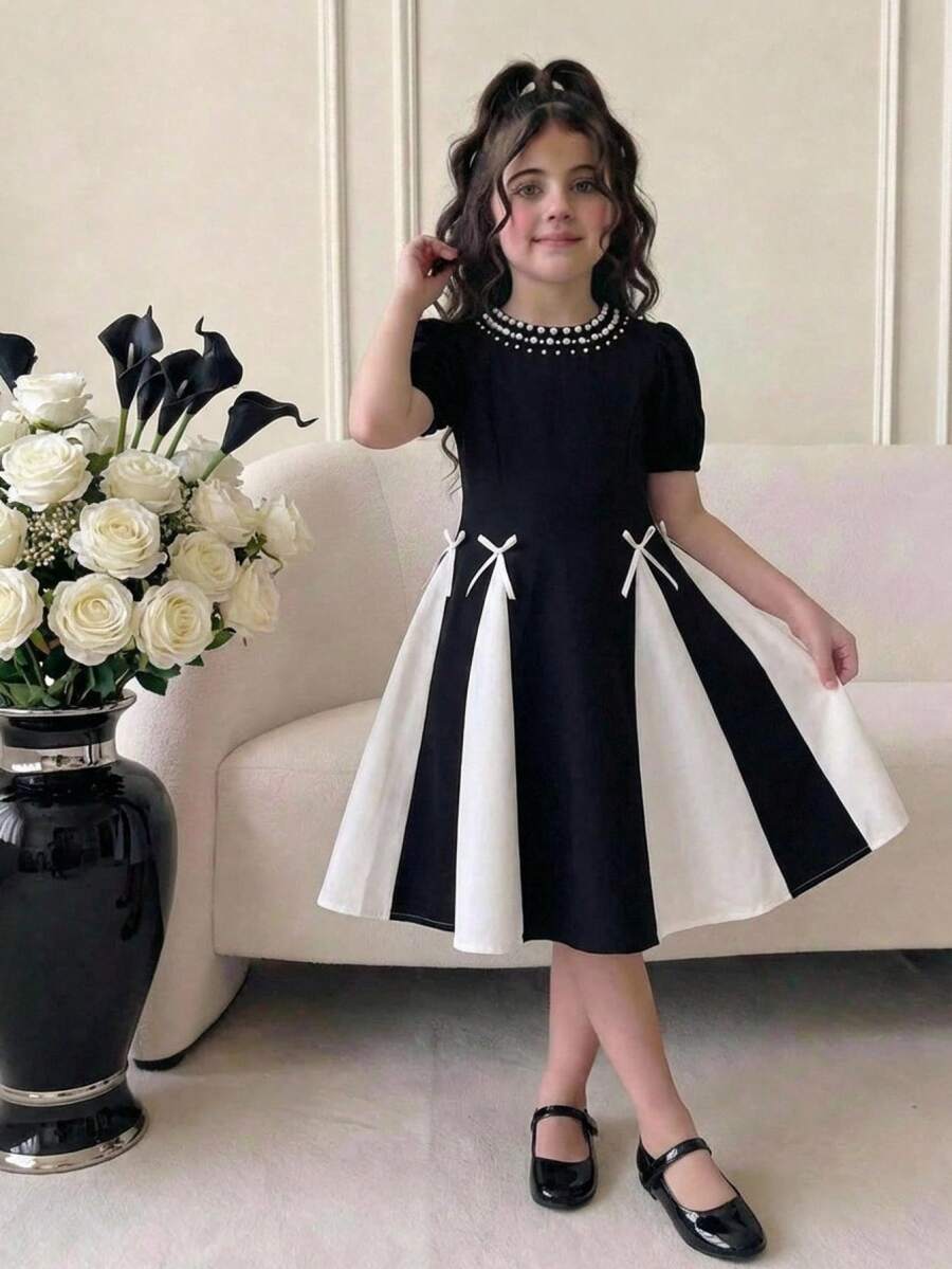 SHEIN Đầm xòe phối màu đen trắng, cổ ngọc trai, tay phồng, phong cách thường ngày thanh lịch cho bé gái tuổi teen, thích hợp đi làm ở thành phố, mùa xuân/hè. - Đen và trắng - Xem 1