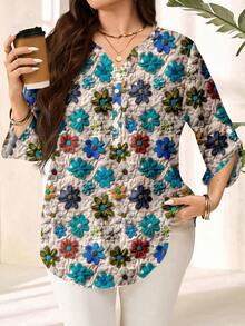 EMERY ROSE Camisa de talla grande con estampado floral y cuello recortado - Multicolor - Ver 1
