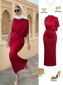 Elenzga Women's Elegant Burgundy Ruched Collar Sleeveless Fitted Flared Dress, Spring/Summer - Burgundy - View 1