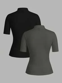 SHEIN EZwear 两件套女士高领修身长袖打底T恤套装，适合春夏季穿着 - 彩色 - 查看 2
