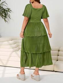 SHEIN EZwear Plus Size Women V-Neck Ruched Waist Elegant Cocktail Party Dress, Spring/Summer - Green - View 2
