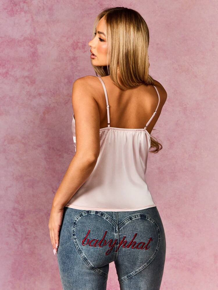 BABYPHAT Women's Satin Lace Detail Cami Top With V-Neckline And Delicate White Lace Trim Elegant Sleeveless Blouse For Date Night And Special Occasions