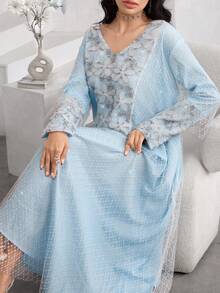 Al Najma Mesh Jacquard Patchwork Elegant Loose Long Sleeve Dress For Women - Multicolor - View 1