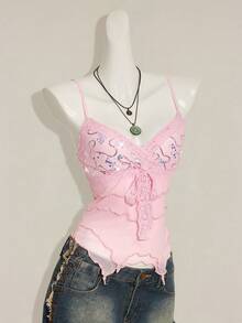SHEIN ICON Women's Vintage Brown Sequin & Beaded V-Neck Camisole,Pink Top - Pink - View 5