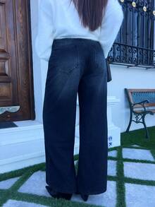 Hitanina 女式低腰设计腰带直筒牛仔裤 - 黑色 - 查看 5