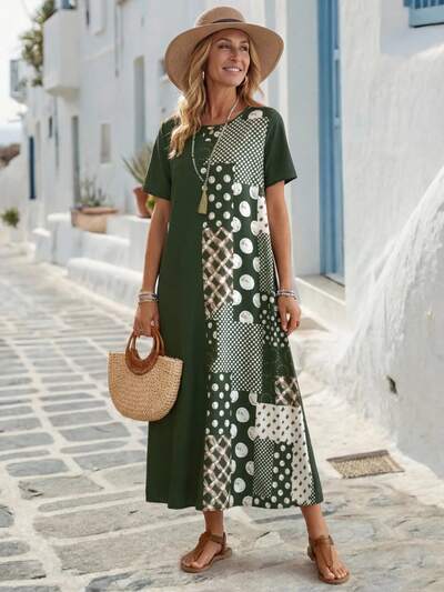 Vestido Corto De Cuello Redondo Con Manga Corta Para Mujer Y Estampado De Patchwork Para Verano