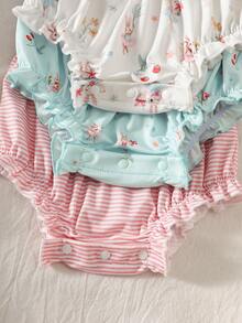 SHEIN 3pcs Newborn Baby Girl Sleeveless Romper Set | Soft White / Light Blue / Pink Striped, Fabric, Ruffle Trim, Rabbit & Strawberry Floral Decor, Cute & Sweet Style, Suitable For Newborn, Festivals, Parties, Outings, Photo Shoots Baby Clothes Baby Girl Clothing Ootd For Baby Girl 0 To 12months Baby Girl Outfit Baby Romper Rompers For Baby Girl Babies Clothes Baby Girl Outfits - Multicolor - View 5
