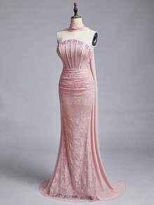 Elitara Petite Petite Petite Fit For The 150-160cm, Petite ,Elegant Luxurious Elastic Lace Strapless Shaping Corset With Rhinestone Embellished Detachable Necklace, Waist Slimming Pleated Fishtail Hem Dress, Suitable For Weddings, Parties, Vacations, Galas, And Formal Events - Baby Pink - View 14