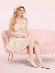 CUCCOO DOLLMOD Women's Shoes Fashion Round Toe Flower Embroidery Word With Mary Jane Flats Cute And Sweet Spring Shoes - Embroidery white - View 6