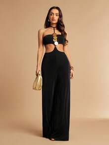 Silquee Women's Black Summer 70s Jumpsuit Gold Metallic Panels Backless Night Out Club Night Party Beach Club One-Piece Pants Loose Straps Leisure Travel Sexy - Black - View 3